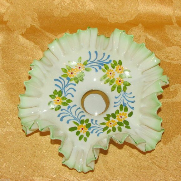 Antique Ruffled Green Glass Candle Holder Hand Painted Flowers Cottagecore - Picture 8 of 10